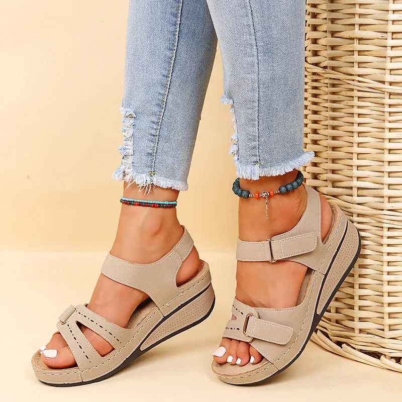 Peep toe adjustable velcro sandals ankle strap wedge heel sandals