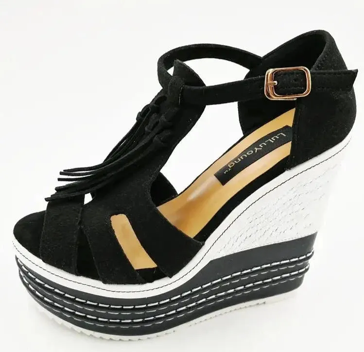 Tassel Wedge Heels Platform T Strap Open Toe Sandals
