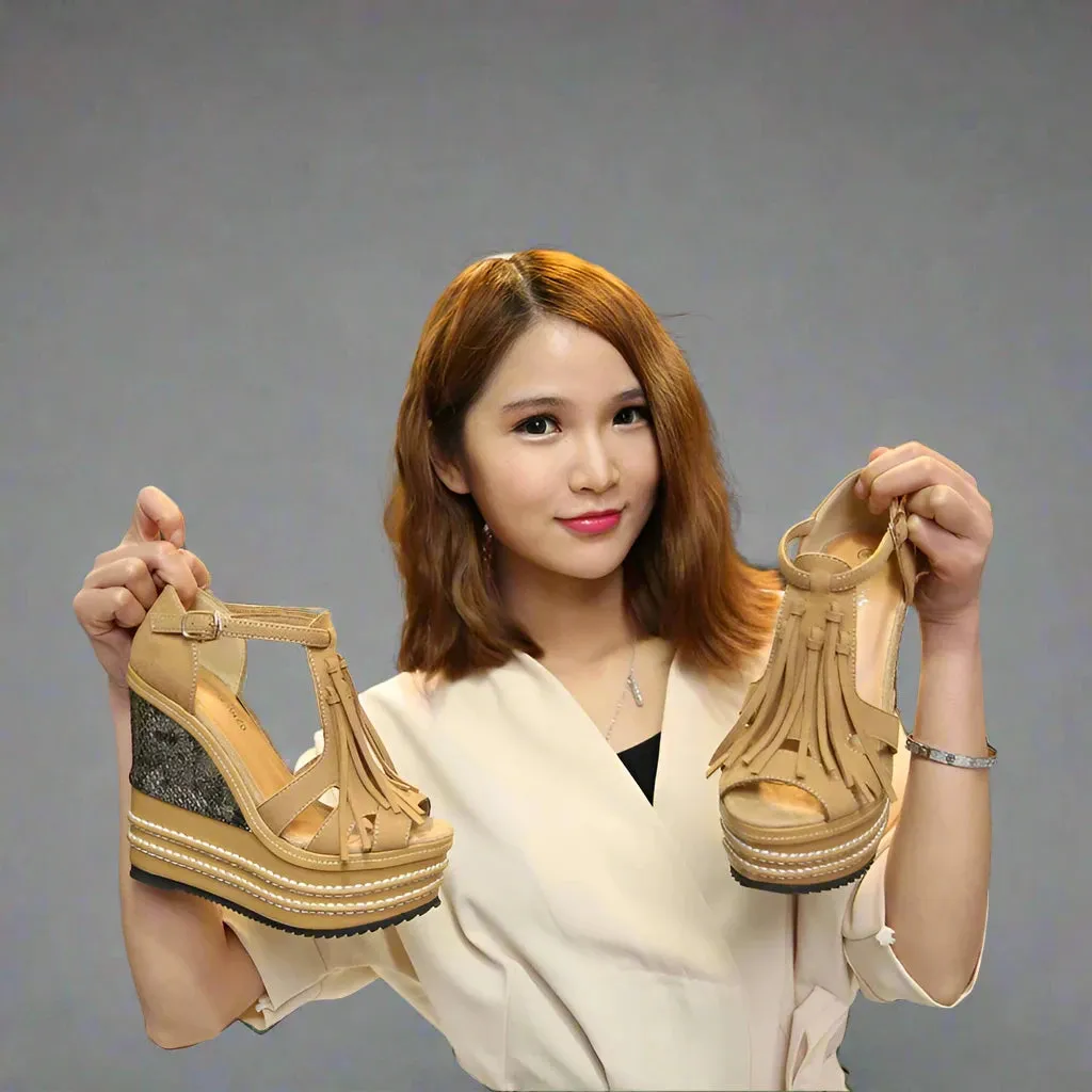 Tassel Wedge Heels Platform T Strap Open Toe Sandals